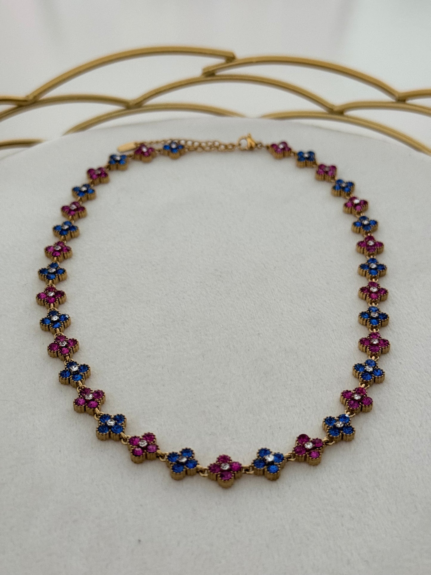 Collier Flowers Bleu/Rose ras de cou