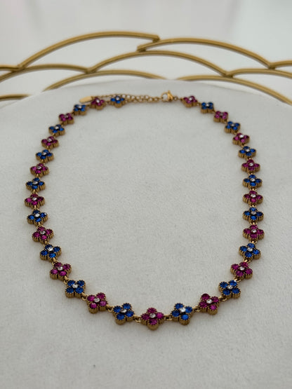 Collier Flowers Bleu/Rose ras de cou