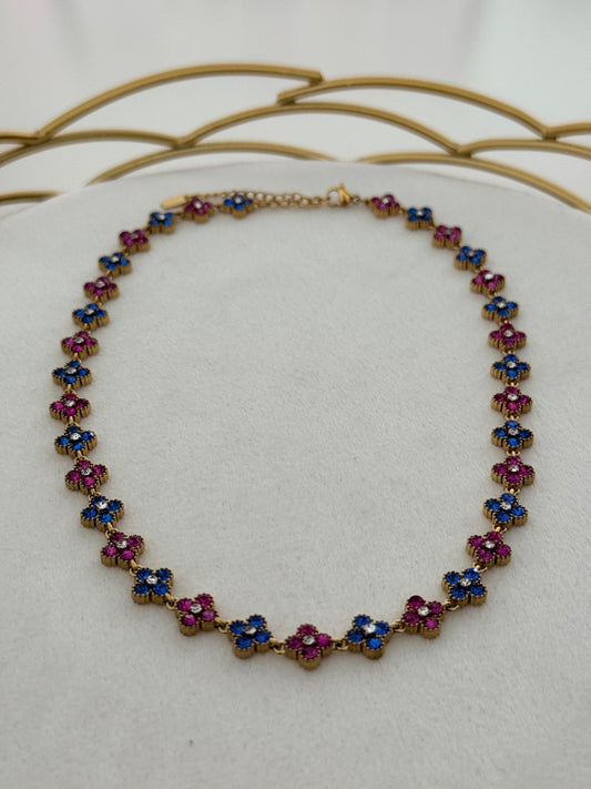 Collier Flowers Bleu/Rose ras de cou