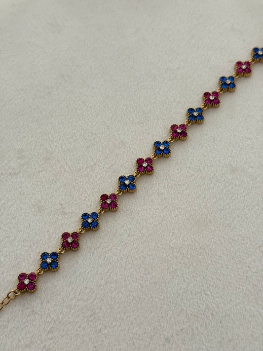 Bracelet Flower Bleu/Rose foncé