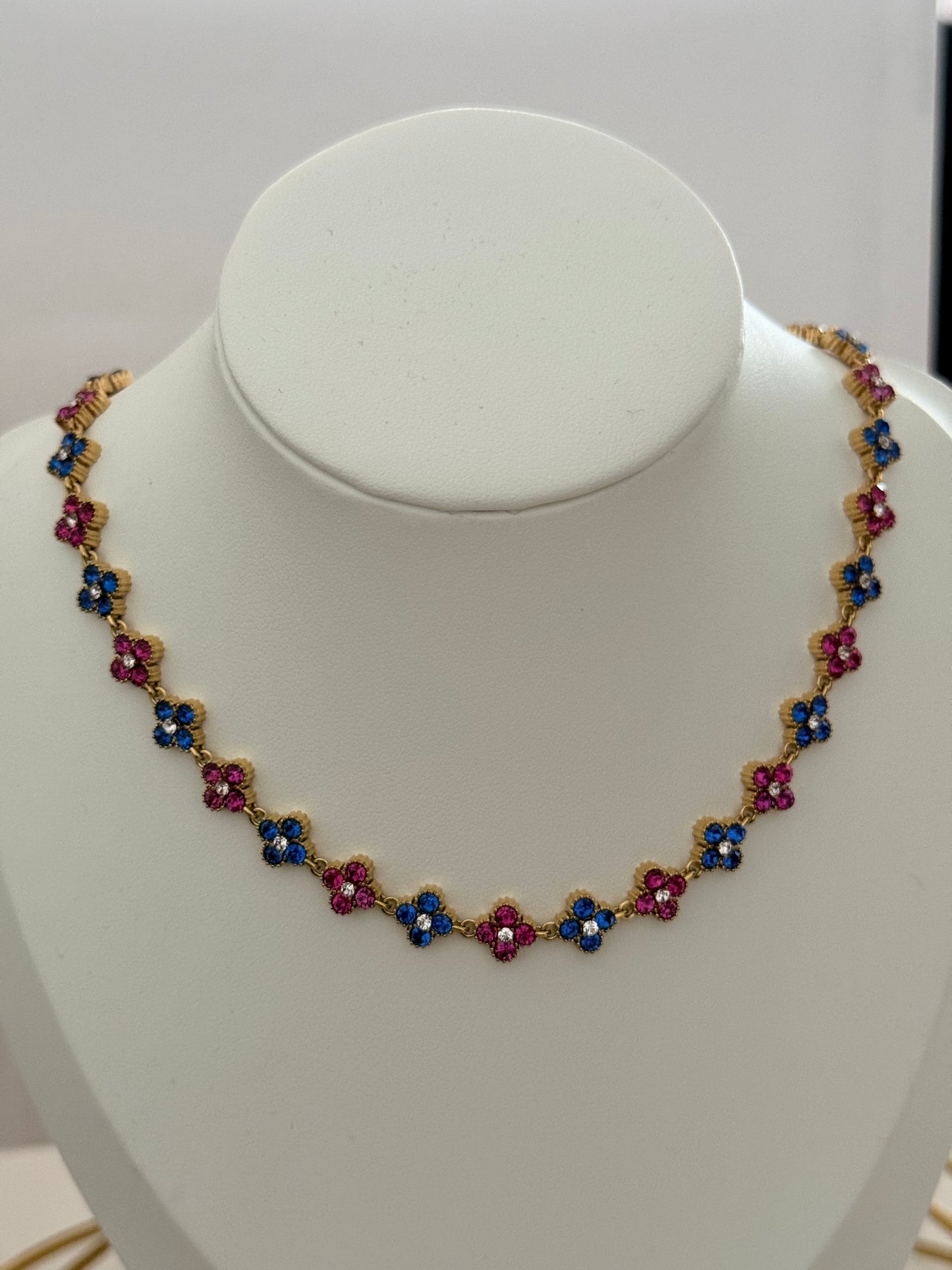 Collier Flowers Bleu/Rose ras de cou