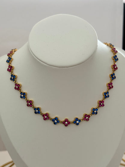 Collier Flowers Bleu/Rose ras de cou