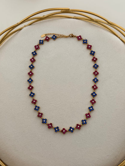 Collier Flowers Bleu/Rose ras de cou